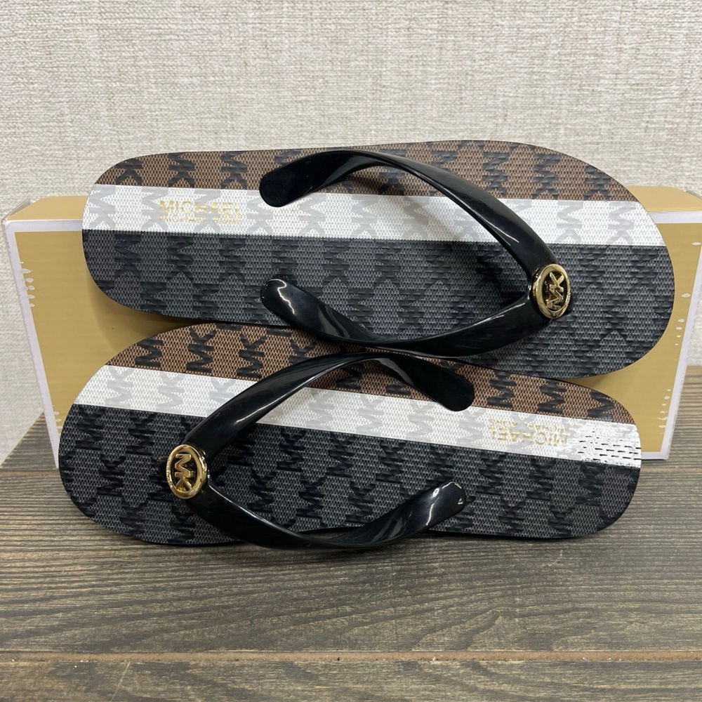 Michael Kors Black Brown and White Logo-Print Flip Flops